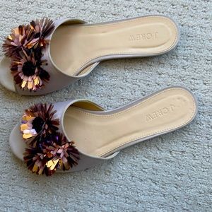 J. Crew satin slides with floral embellishments. Warm sandstone color. Size 8